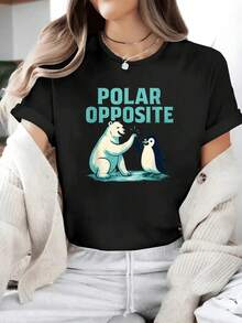100% Pure Cotton Polar Opposite Frozen Funnies Ice Graphic T-Shirt Funny Printed T-Shirt For Women - 黑色 - 查看 6