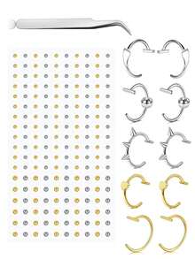Fake Lip Ring Fake Labret Studs Sticker Fake Piercings Nose Stud, Fake Eyebrow Stud Punk Fake Face Piercing Jewelry Stainless Steel Non Piercing Y2K Disposable Stickers - Fake Piercing Set - View 11
