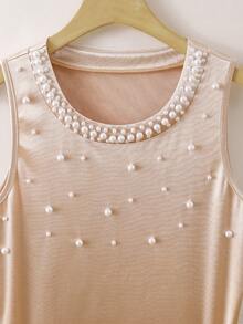 女士缎面仿珍珠串珠沙滩度假优雅吊带背心，春夏款 - 香檳色 - 查看 2
