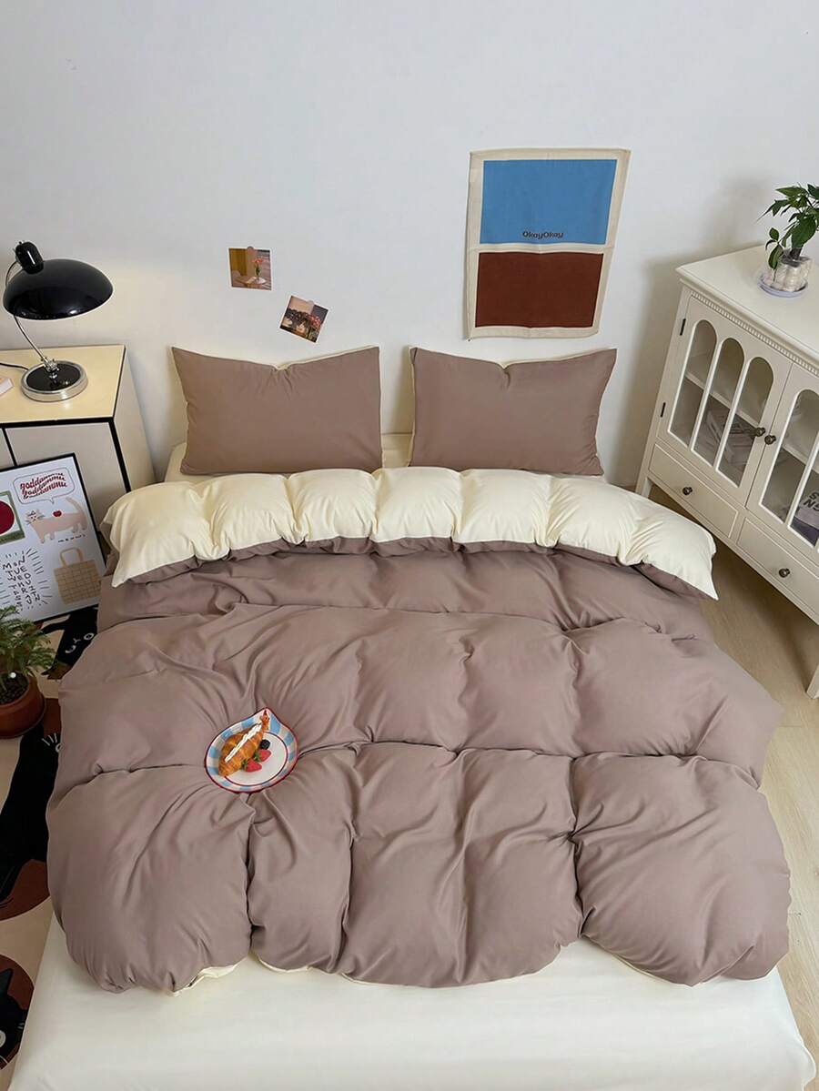 三件套简约纯色被套套装（1个被套+2个枕套，不含被芯和枕头），柔软舒适，透气性好，四季皆宜，可机洗。 - 咖黃 - 查看 1