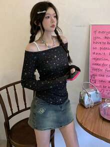 两件套露肩长袖星形印花披肩和吊带T恤，性感别致黑色度假春季装扮 - 黑色 - 查看 3