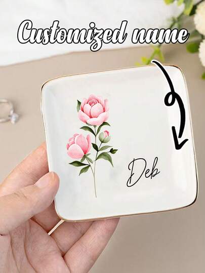 1pc Customized Name Jewelry Tray, Customized Birthday Flower Ceramic Jewelry Dish, Personalized Ring Dish Engagement Gift, Personalized Letter Combination Ring Bowl Wedding Use, White Decorative Jewelry Stand, Jewelry Dish Tray To Hold Rings, Earrings, Necklaces, Bracelets, Watches, Keys, Perfect Bridesmaid Or Best Friend Gift, Birthday, New Year, Valentine's Day Gift For Mom, Wife, Bridesmaid Gift, Suitable For All Seasons