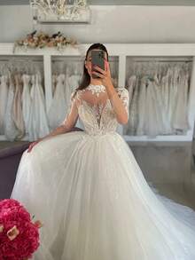Elegant Sexy Lace Applique Long Sleeves A Line Tulle Formal Wedding Dress,Registry Office Dresses Bridal Gown,Evening Party Dress Birthday Party Dress Country Wedding,Romantic Church Ceremony Wedding Dress,Suitable For Wedding,Dating,Party,Singles' Party,Vacation,Formal Occasions,Dinner Dress,Prom Dress,Homecoming Dess,Cocktail Party,Wedding Guest Dress,Graduation - 白色 - 查看 3