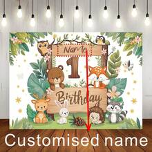 1pc Customisable Name Tropical Jungle Zoo Happy Birthday Backdrop Fabric, Adorable Cartoon Animal Pattern Design Suitable For Birthdays, Baby Shower Backdrop Decorations, Photography Banners Vinyl - C - View 1