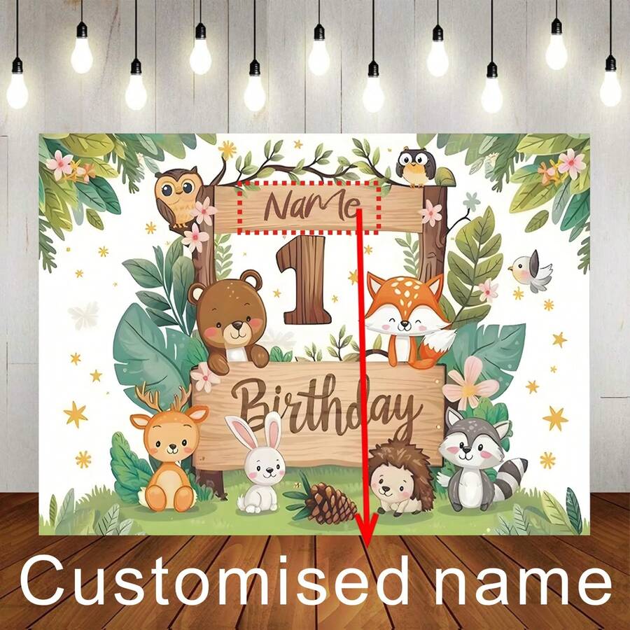 1pc Customisable Name Tropical Jungle Zoo Happy Birthday Backdrop Fabric, Adorable Cartoon Animal Pattern Design Suitable For Birthdays, Baby Shower Backdrop Decorations, Photography Banners Vinyl - C - View 1