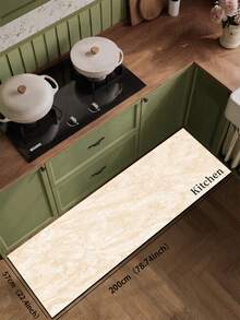 1pc Silica Gel Kitchen Floor Mat, Faux Marble Texture In Light Beige Natural Stone Appearance, With "Kitchen" Text, Approx. 3.5mm Thick, Customizable Size, Suitable For Kitchen, Bathroom, Entryway, Laundry Room, Bedroom, Living Room Decor