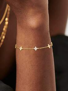 1条S925纯银四叶草花朵锆石手链，简约清新，百搭，适合送给母亲、女友、朋友、情侣，日常佩戴，精致礼品，独特设计的女士珠宝配饰 - 金色 - 查看 2