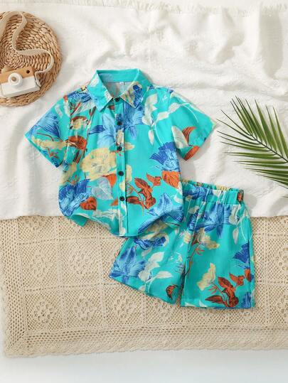2pcs/Set Young Boy Leaf & Plant Print Short Sleeve Polo Shirt And Shorts, Casual Hawaiian Style Outfit For Beach, Vacation, Outdoor Activities, Daily Wear, Summer