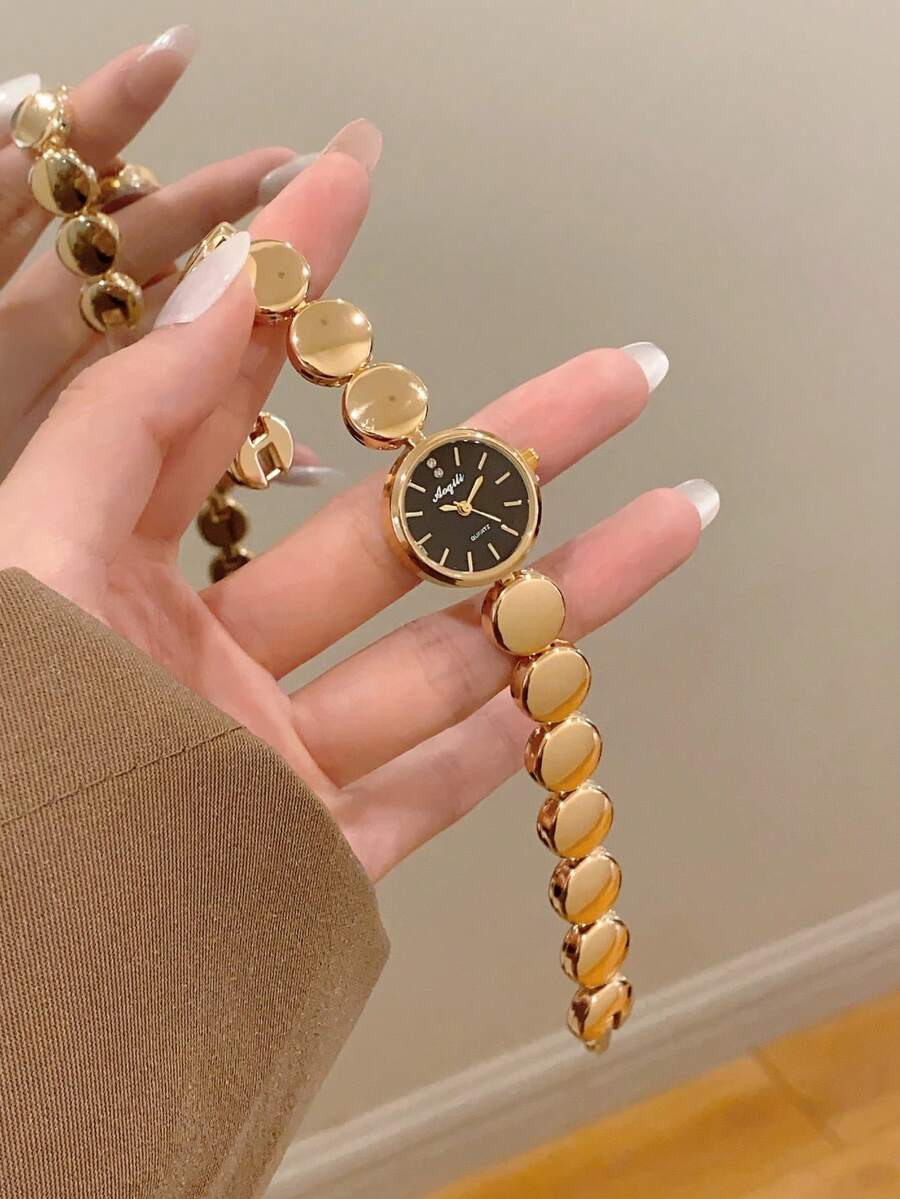 1件金色圓形女款石英手錶,優雅時尚極簡風,適合日常配戴,生日/畢業禮物,休閒聚會 - 金色 - 查看 1