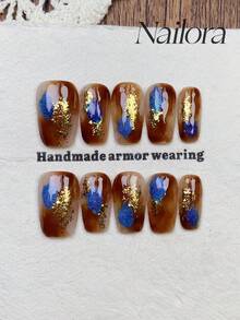 10pcs Handmade Nails Square Nails Acrylic Press On Nails Medium, Minimalism Brown Nails Gradient, Irregular Gold Foil, Blue Petal-Like Flashy Cateye, Simple Elegant Luxury Autumn Nails, Minimalist Aesthetic Fall Press On Nail, Versatile Nails DIY False Nail Art Party Daily & Dating Suitable Use In Work Setting Reusable, For Women & Girls As Gift Nail Supplies