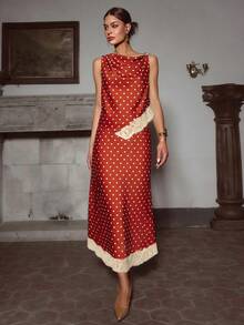 Sollinarry 女士新款缎面蕾丝拼接金属装饰无袖上衣和半裙两件套，适合派对、婚礼宾客穿着，也适合圣诞节、新年和夏季穿着。 - 酒紅色 - 查看 2