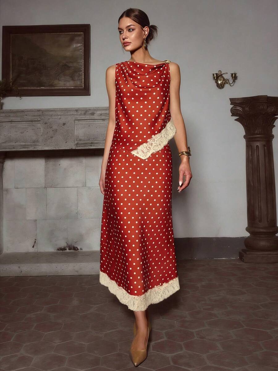 Sollinarry 女士新款缎面蕾丝拼接金属装饰无袖上衣和半裙两件套，适合派对、婚礼宾客穿着，也适合圣诞节、新年和夏季穿着。