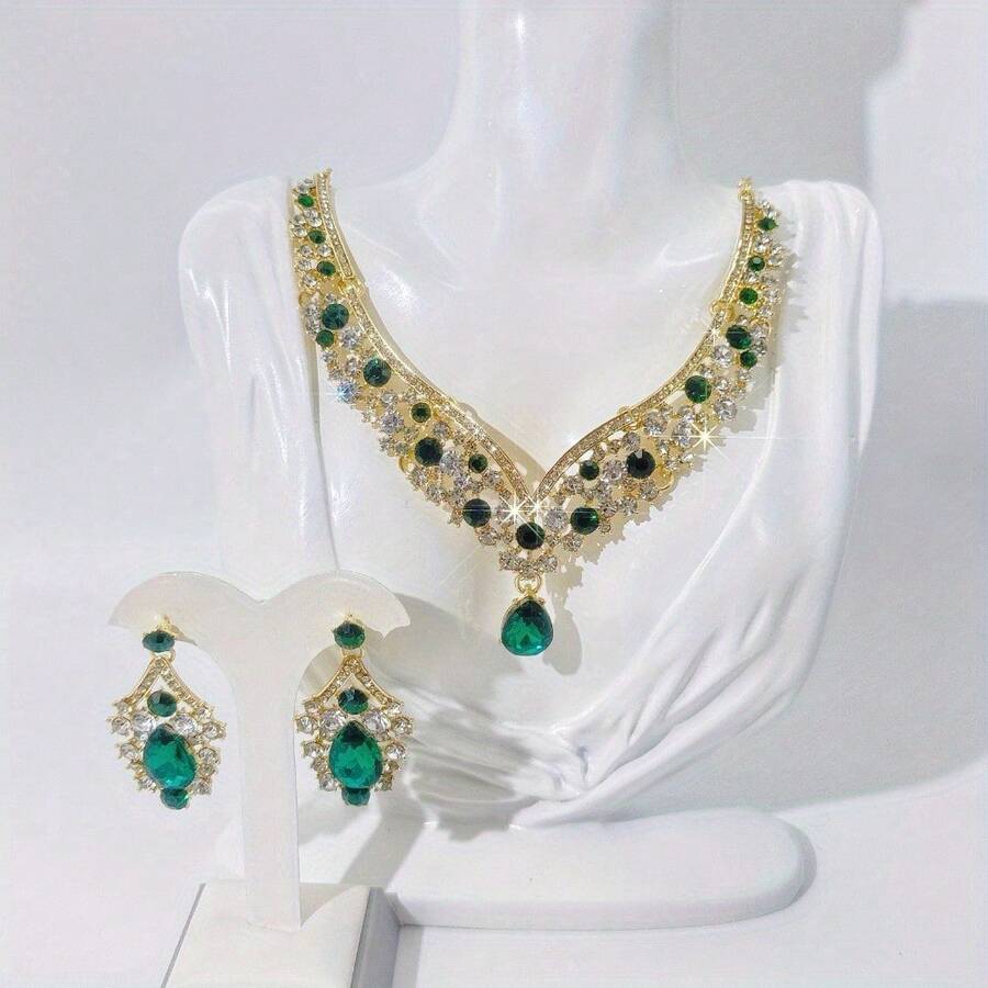 1 Set Luxury Elegant Women's Jewelry Set, Rhinestone Encrusted Earrings & Necklace 3 PiecesSet, Suitable For Brides, Weddings, Banquets, Parties - Jewelry Sets - View 1