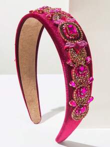 1件纯红色和粉色天鹅绒复古情人节发箍，奢华巴洛克宝石装饰，优雅头饰，情人节必备情人节配饰礼物