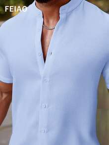 Men's Vintage Coin Style Button Front Sky Blue Waffle Knit Short Sleeve Polo Shirt - Baby Blue - View 6