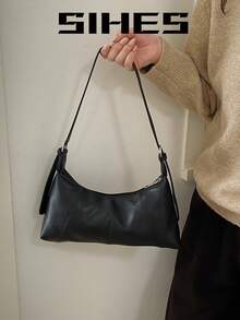 1 pieza Bolso de hombro de mujer de unicolor de piel de PU, bolso de axila en forma de media luna de moda, cierre con cremallera, diseño plisado, correa ajustable, adecuado para chicas, damas, estudiantes universitarias, jóvenes profesionales, oficina, escuela, trabajo, negocios, viajes, compras - Negro - Ver 7