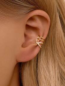 1pc 925 Sterling Silver Full Diamond Geometric Clip-On Earrings, Hypoallergenic Gold Earrings, Suitable For Women's Daily Wear - X-shaped Full Diamond Ear Clips - View 1