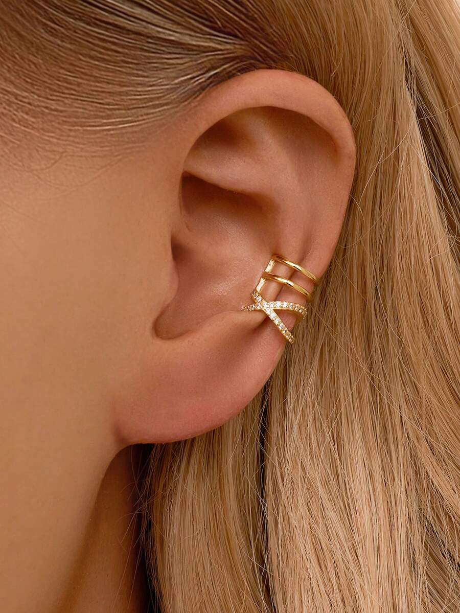 1pc 925 Sterling Silver Full Diamond Geometric Clip-On Earrings, Hypoallergenic Gold Earrings, Suitable For Women's Daily Wear - X-shaped Full Diamond Ear Clips - View 1