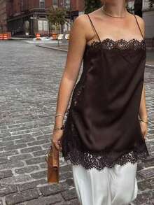 DEEKA Summer New Women's Fashion Elegant Satin Lace Blouse - Coffee Brown - View 4