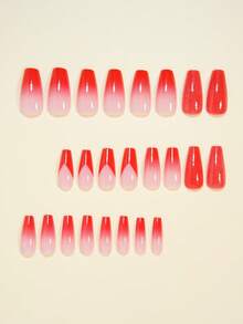 用24片棺材形美甲贴片套装瞬间提升你的造型！浪漫红、法式红、红色闪光渐变、番茄红、热情红和优雅粉，全覆盖式假指甲贴片，适合女性和女孩。套装包含1张粘性贴片和1个迷你指甲锉条。 - 紅色 - 查看 2
