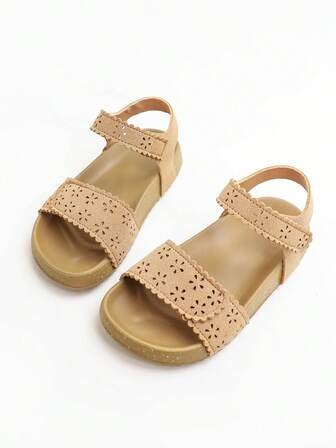 1 par moderiktiga enfärgade minimalistiska ihåliga blommor eleganta kardborreband flickor platta sandaler, bekväma och hållbara, lämpliga för utomhusaktiviteter, sommar