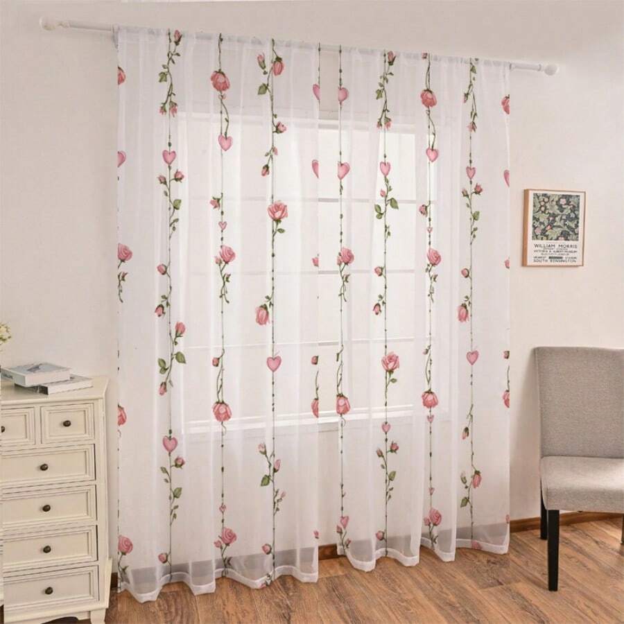 2 Pcs Valentine's Day Sheer Curtains, Featuring Romantic Pink Rose Vines And Heart Patterns, Flat Print, Polyester, Rod-Mounted Curtains, Suitable For Living Rooms, Bedrooms, Balconies, Partitions, Cafes, Kitchens, And Dining Rooms - Machine Washable.