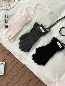 1 Pair Knitted Solid Color Applique Cute Five Finger Warm Long Cuff Touchscreen Fingerless Gloves, Wool Blend, Suitable For Autumn/Winter, Cycling