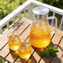 1pc Large Glass Pitcher With Stainless Steel Lid, High Capacity Household Living Room Juice/Iced Tea Carafe, Heat-Resistant Glass Pitcher With Handle - Multicolor - View 2