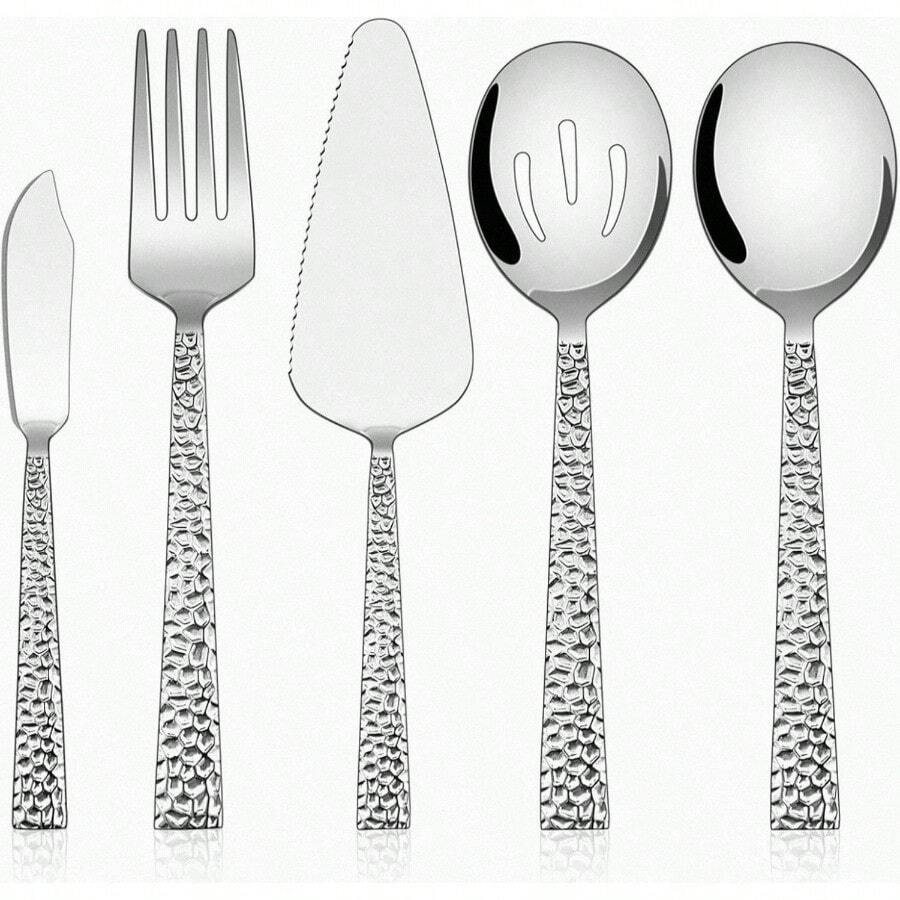 E-far - Utensilios de servir martillados juego de 5 piezas de acero inoxidable cuadrado para bufet fiesta cocina restaurante acabado espejo y apto para lavaplatos - Juegodeservirde5piezas - Ver 1