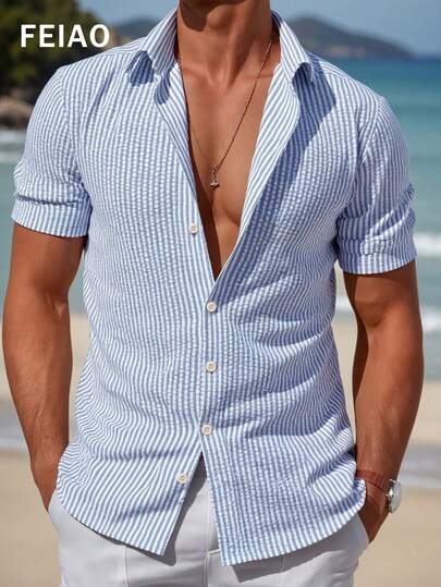 Men's Vintage Coin Texture Striped Short Sleeve Shirt, Casual Versatile Style Suitable For All Seasons