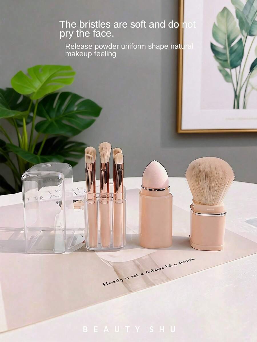 Bộ cọ trang điểm du lịch 8 trong 1 | Bao gồm hộp đựng nhỏ gọn | Gồm cọ phấn phủ, cọ phấn mắt, cọ kẻ lông mày và cọ môi | Thích hợp cho du lịch, trang điểm khi di chuyển, người đam mê trang điểm và người mới bắt đầu. Món quà lý tưởng cho năm mới, Ngày Valentine, Ngày của Mẹ, quà tặng, bộ cọ trang điểm chuyên nghiệp, bộ trang điểm hoàn chỉnh. - Màu be - Xem 1