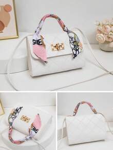 Bolso mini cuadrado de mujer con diseño minimalista de rombos, decorado con pañuelo de cuero PU grabado y asa con cierre de metal - Bolso cruzado/de mano para uso diario - Blanco - Ver 6