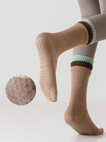 1 paire de chaussettes de yoga blocs de couleurs pour femmes, chaussettes mi-mollet antidérapantes professionnelles pour le pilates, convenant pour le port au sol lors de sports de printemps/été - Multicolore - Voir 1