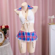 Plaid Print Costume Skirt & G-String Sexy Lingerie Set For Women - Blue and White - View 2