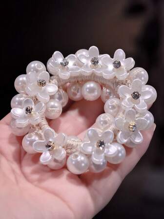 1pc Girls Pearl Flower Scrunchie Hair Tie, Ponytail Holder, Premium Children Hair Accessory