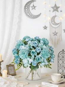 1/3pcs Silk-Like Tea Rose & Chrysanthemum Bouquet, Artificial Flowers For Bridal Bouquet, Wedding Decor, DIY Wreath, Home Decor, Restaurant, Bedroom, Vase Decor, Birthday Party, New Year, Valentine''s Day, Graduation Gift, All Seasons - Blue - View 8