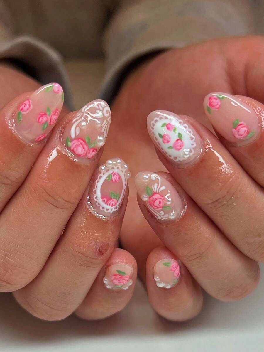 24片椭圆形3D美甲贴纸，浪漫粉色玫瑰蕾丝花边，3D实心珍珠，浮雕贴纸套装，亚克力美甲贴纸，假指甲，美甲护理产品。适合女性约会、派对、日常办公、情人节礼物，可提升您的魅力。美甲，美甲用品，情人节美甲
