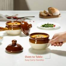 KooK - Juego de 4 platos de sopa de cebolla francesa con tapas cuencos de cerámica asas grandes lavaplatos microondas horno y asador color café blanco colección Puebla - Café Blanco - Ver 3