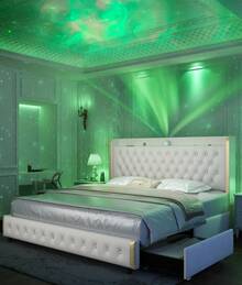 Gegoforu Queen LED Bed Frame With Galaxy Projector, Bluetooth Speakers, USB Charging, 4 Storage Drawers, Velvet Upholstery, No Box Spring Needed - 絲絨霜 - 查看 12