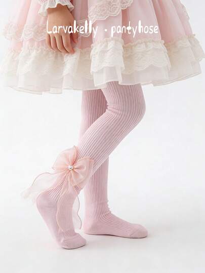 1 pieza Medias ajustadas para niñas, con decoración de lazo de malla en estilo princesa, adecuadas para todas las estaciones