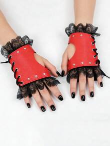 2PCS Women PU Leather Punk Gloves Rivets Belt Up Or Snap Half Finger Performance Mittens - A - View 4