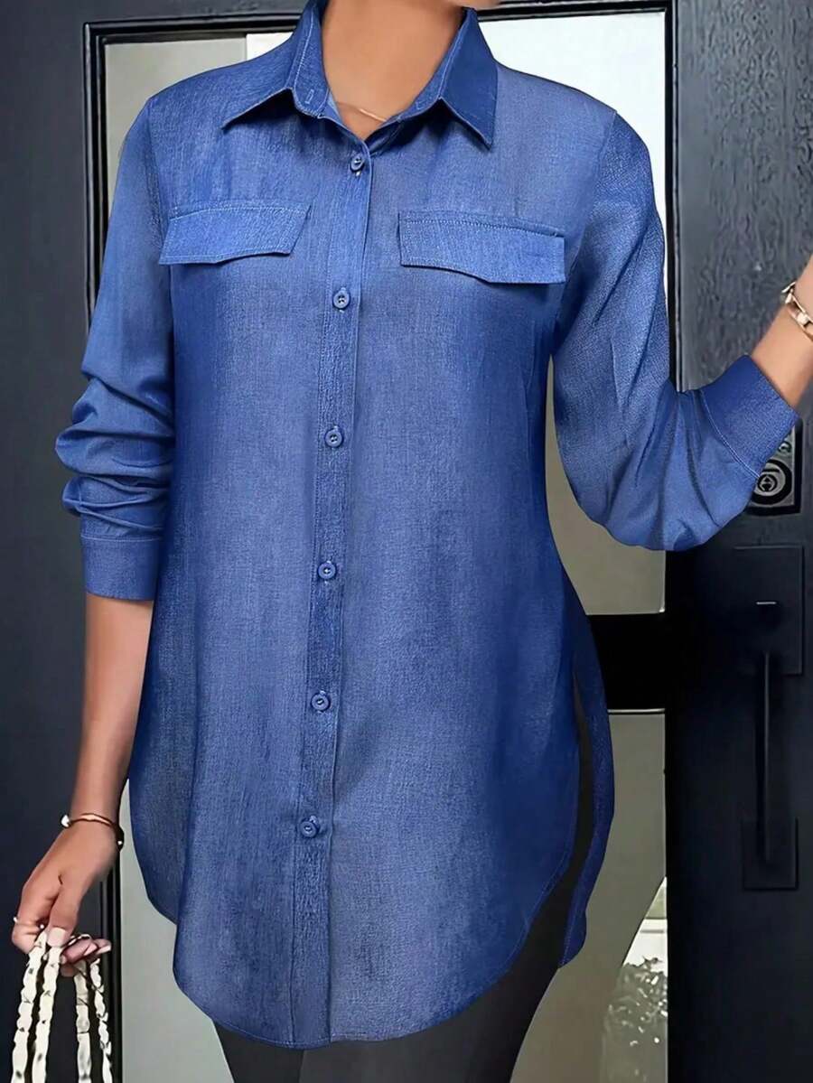 Camisa casual de mujer de unicolor con botones y bolsillo - Azul - Ver 1