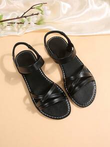 New Plus Size Women Comfortable Simple Round Toe Criss-Cross Elastic Band Outdoor Flat Slide Sandals, Casual Fashion Slip-On Beach Vacation Summer Shoes - Black - View 6