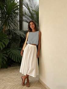 Sylvia 女士夏季简约无袖圆领短款针织背心，面料柔软，休闲舒适，适合海滩度假、下午茶、约会、音乐节等场合。 - 灰色 - 查看 5