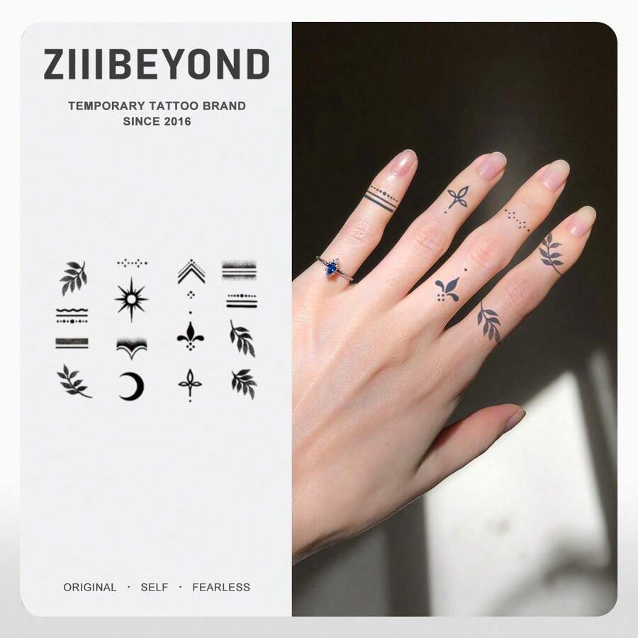 1片叶子星星海娜草本风格海娜纹身贴纸，带有日月图案，更具韩式、Y2K、Kpop风格，防水、防汗、不发光 - 黑色 - 查看 1