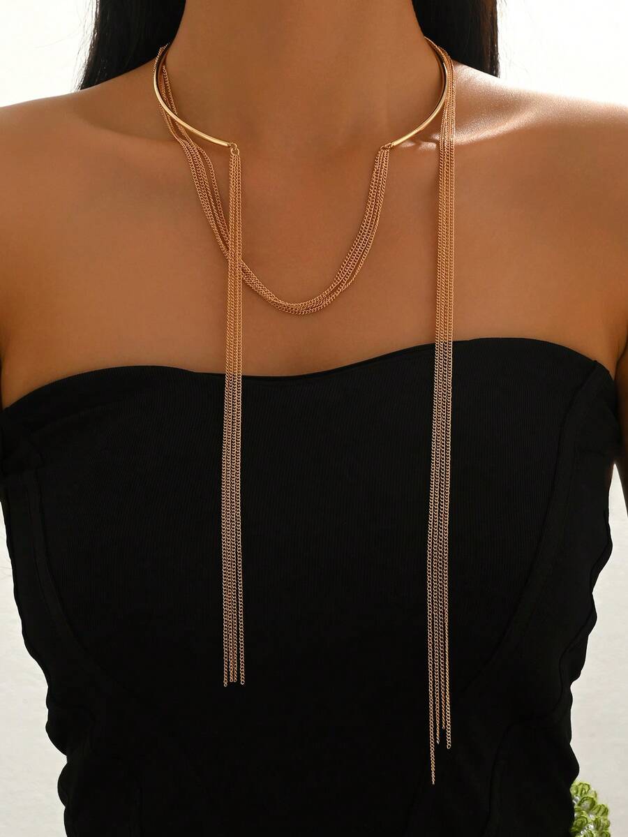 1件装女士时尚优雅现代个性化多层流苏链项链，适合日常搭配、派对、母亲节、节日礼物 - 金黃色 - 查看 1