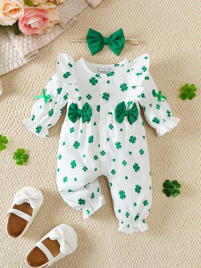 2pcs/Set Baby Girl St. Patrick's Day Clover Romper, Cute & Comfy Versatile Round Neck Puff Sleeve Clover Floral Print Long Sleeve Romper + Headband