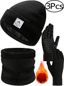 3Pcs Winter Hat Scarf Gloves Slouchy Beanie Snow Knit Skull Cap Touch Screen Mittens Circle Scarves For Women Men
