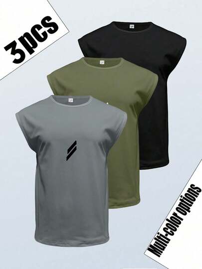 3 st. ärmlös sportlinne för män, pojkvänsmodell, lämplig för löpning och fitness utomhus. Fukttransporterande, enkelt tryckt träningslinne, perfekt present till pojkvännen.