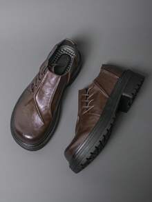 男士圆头厚底德比鞋，系带乐福鞋，褶裥鞋面设计，正式场合正装鞋 - 棕色 - 查看 9